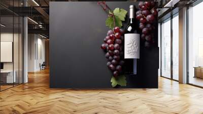 暗い石の背景にボトルとブドウの赤ワイン、　背景画像,Red wine in bottle and grapes on dark stone background, Generative AI Wall mural